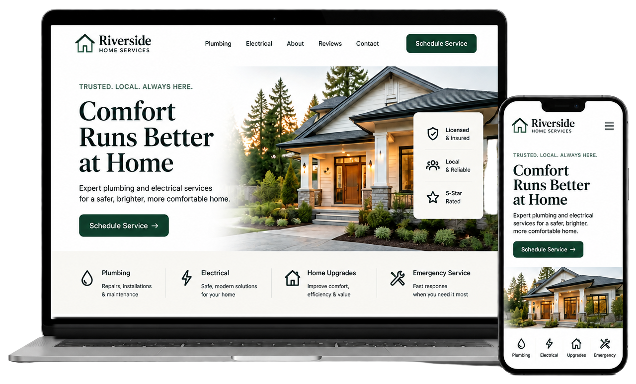 A modern contractor website shown on a laptop and a phone